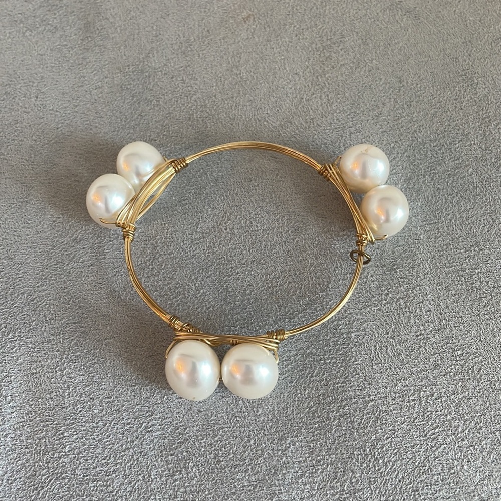Double Pearl Wire Wrapped Gold Bangle Bracelet - Picture 6 of 6